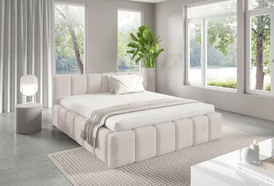 A bedroom scene with a bed, large windows, and a plant.
