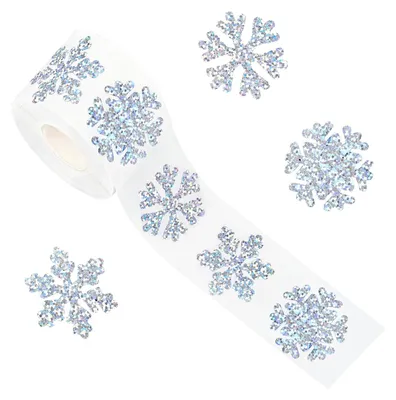 500 Weihnachtssticker, Schneeflocken, silber, rund, glitzernd, Rolle