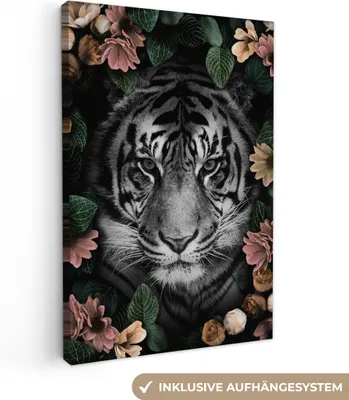 Produktbild von MuchoWow® - Leinwandbilder - Tiger - Blumen - Schwarz - Weiß, Wandbild, Wanddeko Bilder Wohnzimmer, 80x120 cm