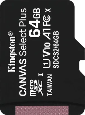 Obrázek produktu pro Kingston Technology Canvas Select Plus, 64 GB, MicroSDXC, Třída 10, UHS-I, 100 MB/s, Class 1 (U1)