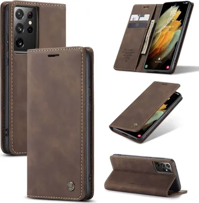 Produktbild von Handyhülle Schutztasche Bookcover Case Cover Wallet für Samsung Huawei Apple Neu, Farbe:Braun, Modell wählen:Samsung Galaxy S21