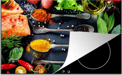 Produktbild von KitchenYeah© Herdabdeckplatte Kräuter - Löffel - Küche - Gewürze , 91x52cm, Küche Deko, Glaskeramikkochfeld Herdabdeckung, Abdeckplatte fùr Kochfeld