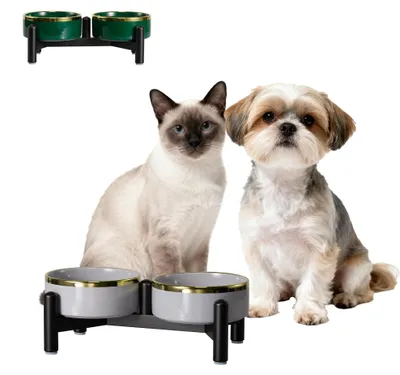 Immagine prodotto di Set di ciotole in Vetroceramica rialzate per cani e gatti - Grigio