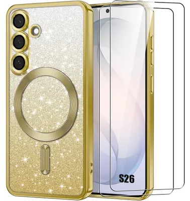 Image de Coque + 2 Verres Trempés pour Samsung Galaxy S26, Anti-Rayures Antichoc avec Cercle Magnétique - Doré Pailleté