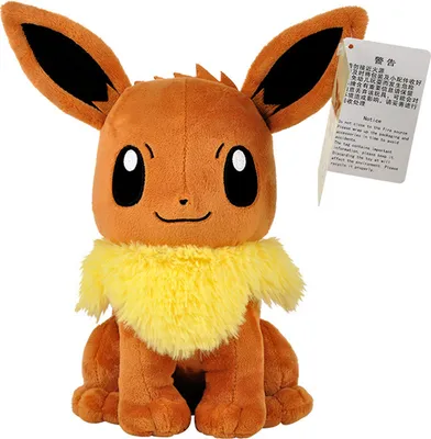 A plush toy of the Pokémon Eevee is shown sitting against a white background.