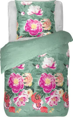 Produktbild von Bettwäsche 2-tlg. ( Frühjahrsblumen Grün ) 100% Satin Baumwolle, 135x200cm und 80x80cm Set, kuschelig weicher Bettbezug - mit Reißverschluss