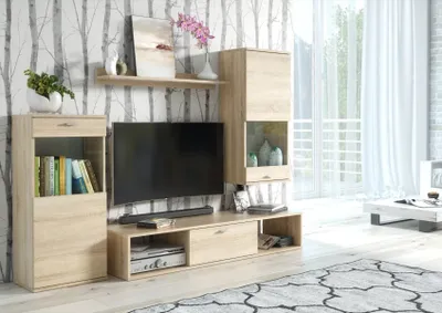 A living room scene featuring a modern entertainment center with a television, shelves, and decorative items.