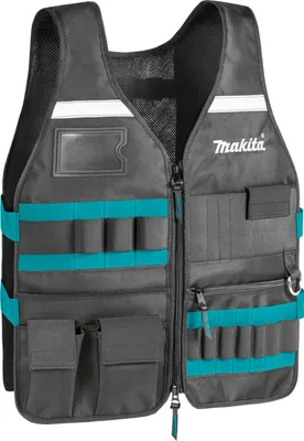 A black and teal Makita work vest with multiple pockets and tool loops, shown against a white background.