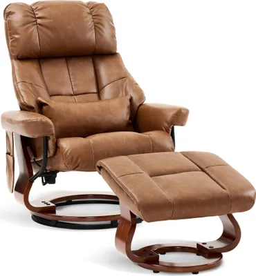 Produktbild von M MCombo Relaxsessel mit Hocker, Drehbare Fernsehsessel mit Liegefunktion, Moderner TV-Sessel Stuhl für Wohnzimmer, mit Kissen & Seitentasche, ohne Massagefunktion, Kunstleder, 9066 (Kunstleder-Braun)
