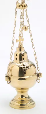 Produktbild von Weihrauchfass mit Kette zum Hängen aus Messing Gold poliert Höhe 23,5 cm mit Innenschale aus Stahl für die Räucherkohle
