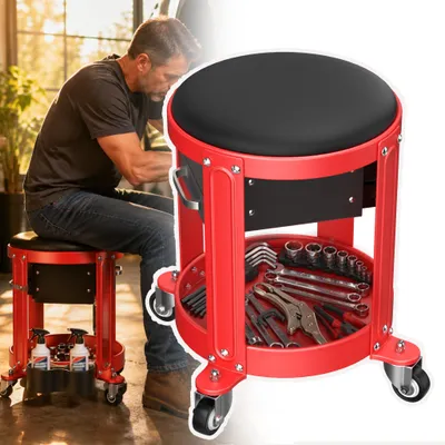 Zdjęcie produktu dla Taboret warsztatowy na kółkach, udźwig 150 kg, z półką na narzędzia, szufladą i wyściełanym siedziskiem, kolor czarno-czerwony