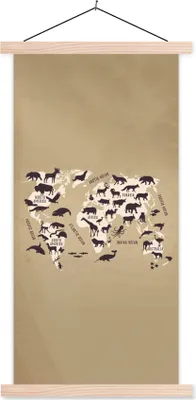 Produktbild von MuchoWow® Textilposter Weltkarte - Tiere - Braun 60x120 cm mit holzfarbenen Rahmen - Holz