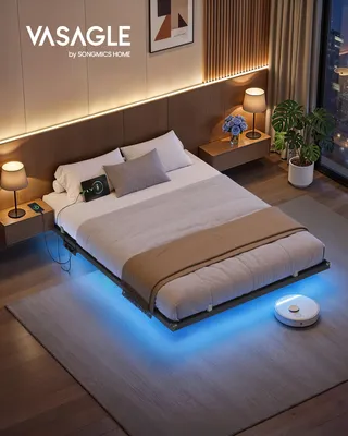 Obrázek produktu pro Rám postele VASAGLE 140 x 200 cm s LED osvětlením, portem USB-C, zásuvkovou lištou, do ložnice, nosnost až 500 kg, černý