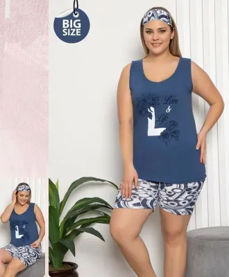 Produktbild von Damen Große Größen Pyjama Marineblau XL Shorty Kurz 3-Teiler Set mit Augenband C-29