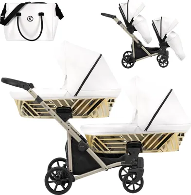 Produktbild von Kinderwagen IVENTO DUO GLAM 2 in 1 Zwillingskinderwagen Geschwisterwagen Zwillingsbuggy Doppelkinderwagen (Eco White Pearl, Rahmen: champagne)