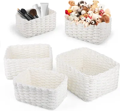 Image de Ensemble de paniers de rangement, 3 paniers tressés blancs, de différentes tailles, pour la salle de bain et la cuisine