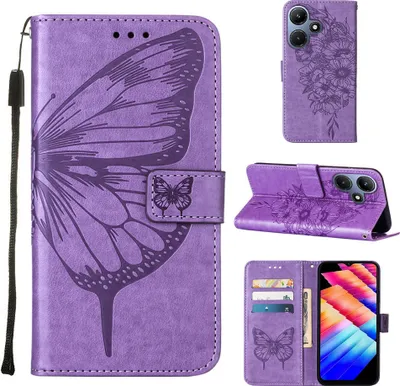 Produktbild von Lederhülle für Infinix Hot 30i X669 Schmetterling Prägung Flip Ledertasche Kartenfächer Handyhülle mit Ständer Violett