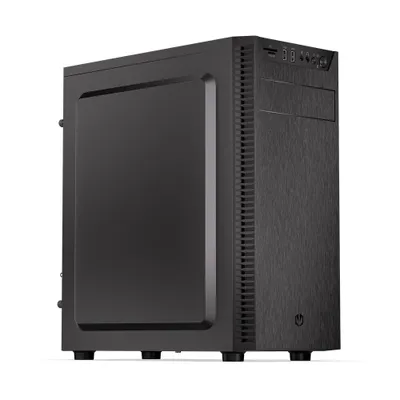 A black computer tower case is shown from a three-quarter angle against a white background.
