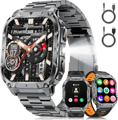 Produktbild von Herren Smartwatch Militär 2.0" HD Touchscreen 1000mAh Akku LED-Licht 100+ Sportmodi Herz-/Schlaftracking IP68 Wasserdicht für iOS Android