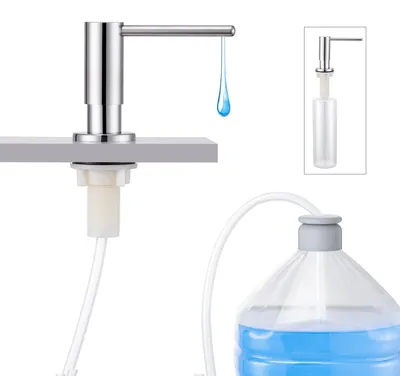 Image de Distributeur de savon encastrable pour éviers de cuisine, à encastrer dans le plan de travail, avec flacon de 500 ml et tuyau de rallonge de 1 m, remplissage par le haut, acier inoxydable, chrome poli.