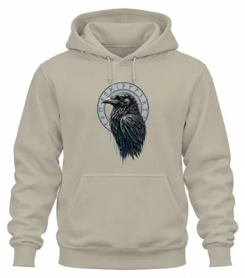Imagen del producto de Sudadera con capucha "Valhalla Nórdica", con motivos de runas, el cuervo Rabe, Odín, Hugin y Munin. Diseño natural
