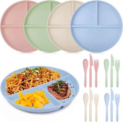 Produktbild von Famanu Set aus 4 Unterteilten flachen Tellern - wiederverwendbare Frühstücksteller, 23 cm Durchmesser