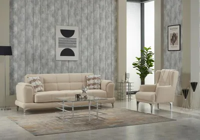 Produktbild von Couch Garnitur Dreisitzer 3 Sitzer Sofa Stoff Sessel Polstersofa Beige