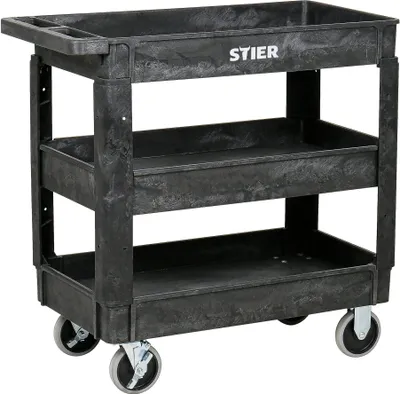 Immagine prodotto di Carrello multiuso in plastica STIER, 3 ripiani, portata 250 kg, 87x43x85 cm, 2 freni, carrello di montaggio, carrello portautensili, carrello robusto, carrello portautensili, carrello multiuso