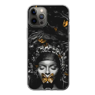 Produktbild von MuchoWow® Handyhülle Schutzhülle Hülle für iPhone 12 Pro Frau - Schmetterlinge - Schwarz - Weiß Silikon Softcase Handy Hülle - Abdeckung