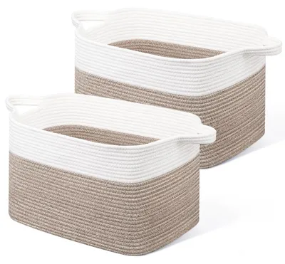 Image de Panier pliable pour linge, 63 litres, en coton tressé, avec poignées, blanc et marron, lot de 2