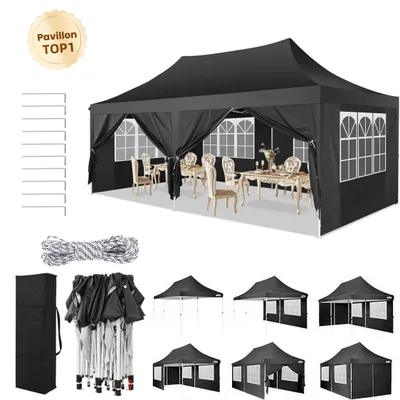 Produktbild von Pavillons & Partyzelte 3x6m, Festzelt Faltpavillon Gartenzelt für Garten Terrasse Feier Party, Wasserdicht & UV-Schutz mit 4 Seitenteilen und 2 Eingängen, 12 Heringe & 4 Seile & 1 Tragetasche, Schwarz
