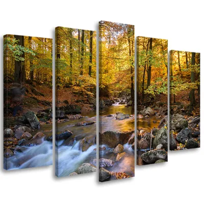 Image de Tableau en toile 5 pièces « Ruisseau d'automne, forêt, nature » 200 x 100 cm Feeby orange, prêt à accrocher