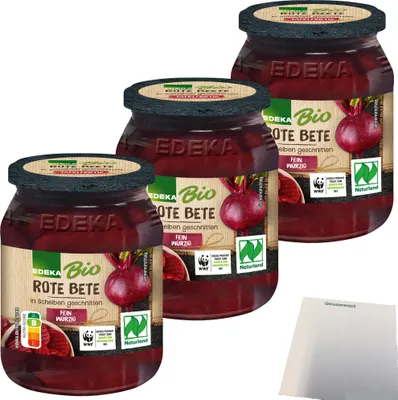 Produktbild von Edeka  Rote Bete in Scheiben geschnitten mit Meersalz und Zwiebeln 3er Pack (3x330g Glas) + usy Block