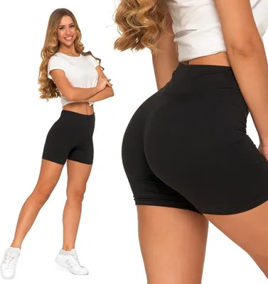 A woman is posing in black shorts and a white top, with a close-up view of the shorts on the right.
