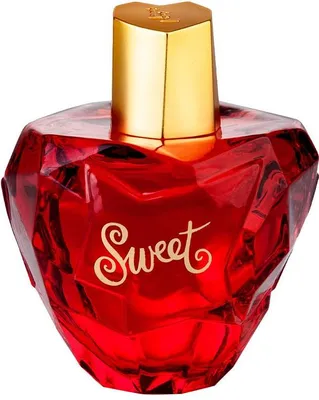 A red, heart-shaped perfume bottle with a gold cap.