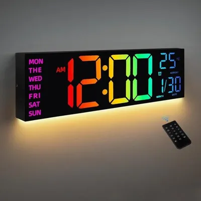 Immagine prodotto di Orologio da parete digitale - Orologio digitale a 8 colori da 16,2", con temperatura, data, luce notturna, regolazione automatica della luminosità, formato 24/12 ore, per soggiorno, ufficio, palestra