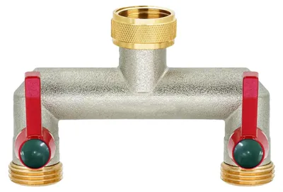 Produktbild von 2-Wege Wasserverteiler für den gleichzeitigen Anschluss von zwei Geräten, 2-Wege-Verteiler 3/4" aus vernickeltem Messing mit Kugelhähnen, regulierbarer und absperrbarer Wasserdurchfluss, 1 Stück