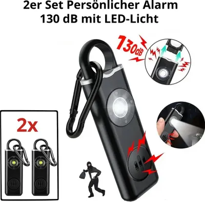 A product image showcasing a personal alarm with LED light, featuring multiple views and text callouts.