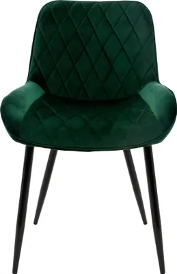 A dark green velvet dining chair with black metal legs, shown from the front against a white background.
