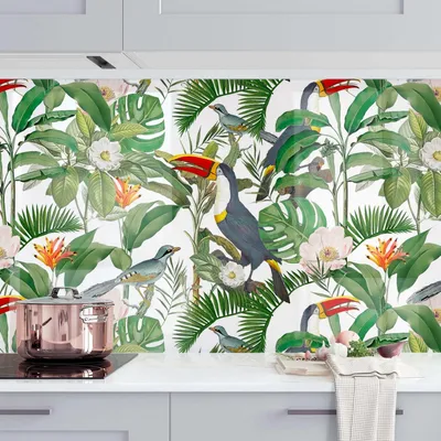 Produktbild von Küchenrückwand Tiere selbstklebend - 0.35 mm Wandpaneel wasserfest Vogel grün Tropisch Spritzschutz fugenlos
