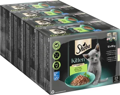 Productafbeelding van SHEBA® Portiezakjes voor kittens, multipack in saus. Fijne variatie met zalm en met kip (MSC-gecertificeerd). 4 zakjes x 12 x 85g