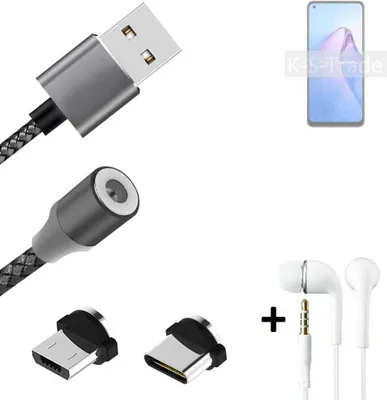 Produktbild von K-S-Trade® Hochwertiges Magnet-Lade-kabel Sync-Kabel Daten-Kabel + Kopfhörer kompatibel mit Oppo Reno8 Global mit USB-Typ-C-Anschluss und