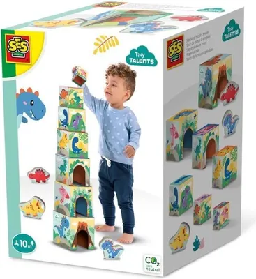 Image de Tour de Blocs à Empiler, Jeu d'Adresse, 7 Blocs, 3 Figurines Dinosaures, SES Creative