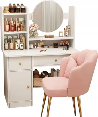 A vanity set with a chair, makeup, and accessories.