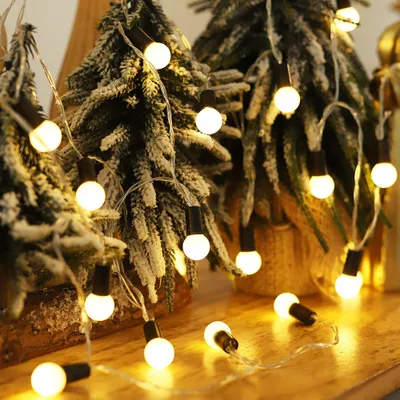 Christmas lights are draped around small, snow-covered artificial Christmas trees.