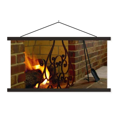 Produktbild von MuchoWow® Textilposter Feuer im Kamin 90x45 cm mit schwarzem Rahmen - Klemmleisten
