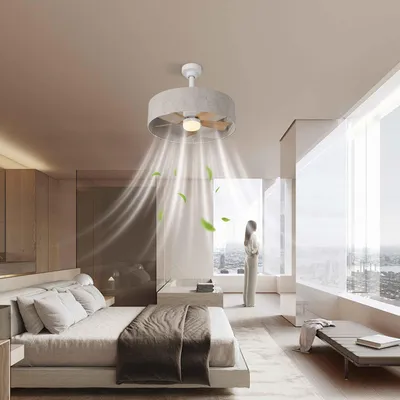 Obrázek produktu pro Stropní ventilátor AIORBER s LED osvětlením a dálkovým ovládáním, 50cm látkový stropní svítidlo s možností stmívání, E27, tichý ventilátor do ložnice, šedý