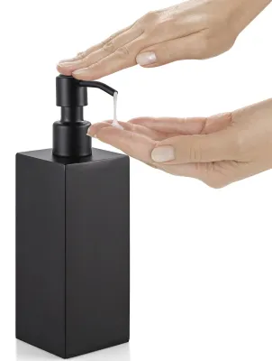 Image de Distributeur de savon noir, distributeur de liquide vaisselle en acier inoxydable, 350 ml, rechargeable, flacon pompe facile à utiliser, distributeur de savon liquide/de lotion sur pied pour la cuisine et la salle de bains, 6 x 6 x 20,5 cm, carré