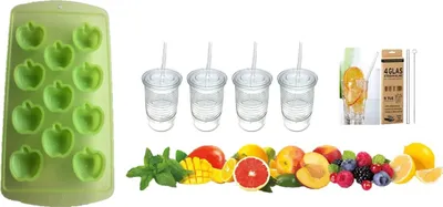 Produktbild von Eiswürfelform Silikon Einfache Eisfreigabe Eiswürfelform Eiswürfelbehälter für Cocktails Whisky Saft Wasser und andere Getränke+ Gläser Set 4 Stück + Glashalme