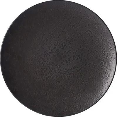 A flat dinner plate with a textured, speckled dark gray/black surface.